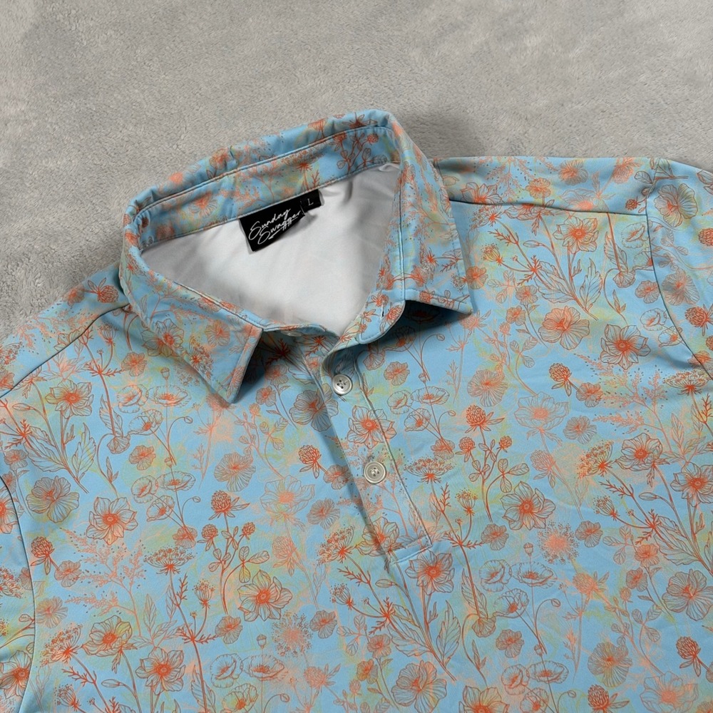 Sunday Swagger Mens Blue Floral Performance Golf Polo Shirt‎ Large Short Sleeve